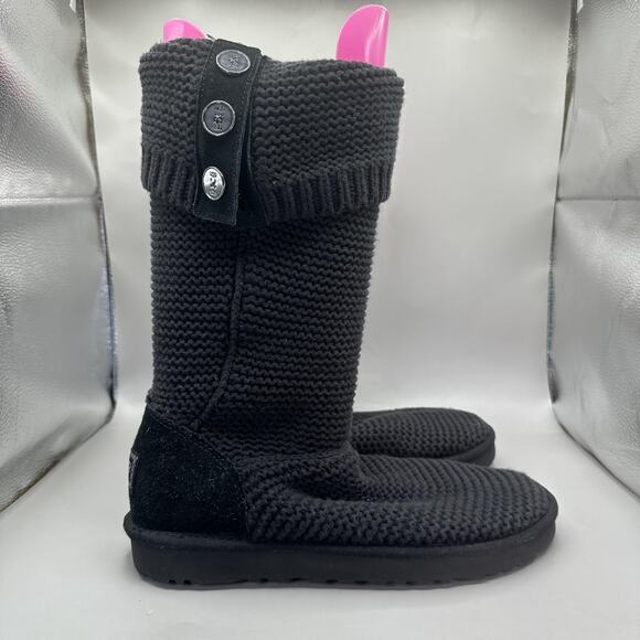 UGG Classic Cardy Boots Womens Size 11 Black Knit Button Tall Winter Cozy - Picture 1 of 7